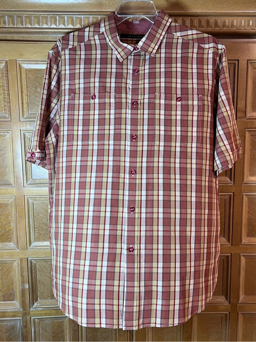 Sean John Short-Sleeve Plaid Button-Down Shirt in Burgundy and Cream